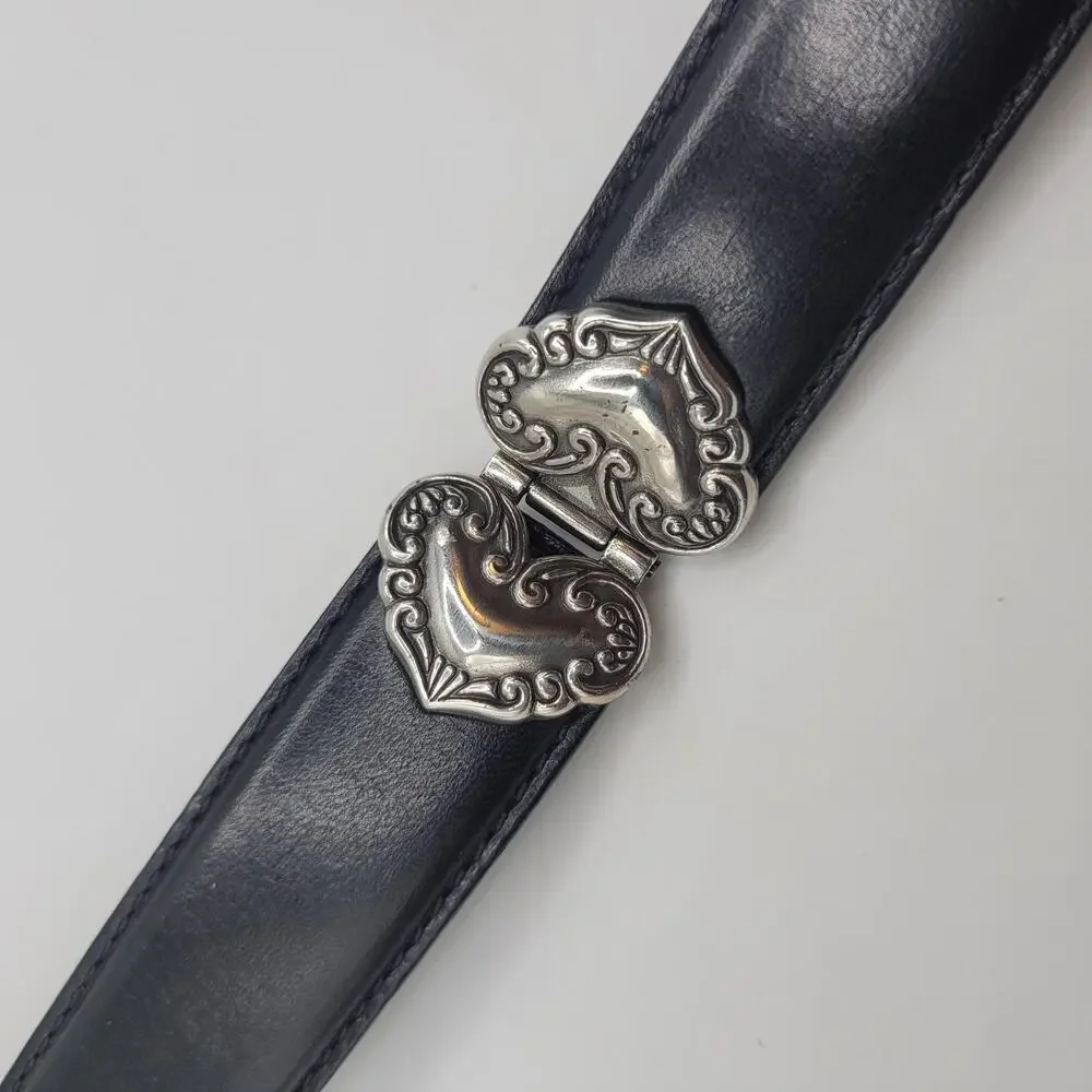 Fossil Belt Small Black Leather‎ Heart Concho Engraved Western Boho Cowgirl Boho